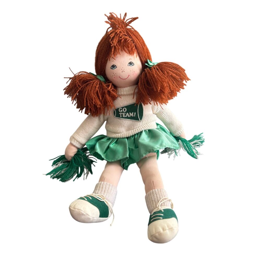 Vintage Russ Red Hair Green Costume Cheerleader PomPoms Go Team‎ Plush Doll